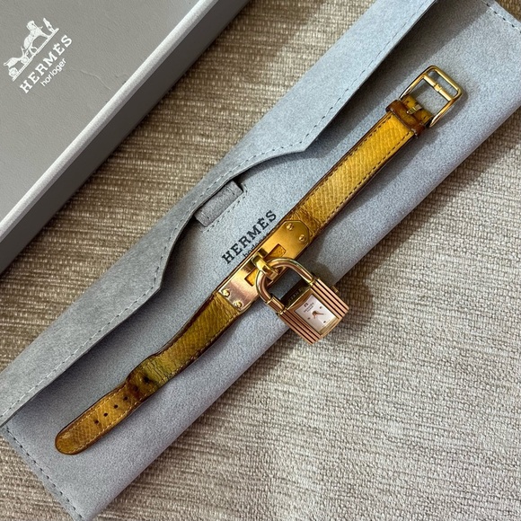 HERMES KELLY Watch Womens Gold Plated Yellow Leather Band - Picture 5 of 9